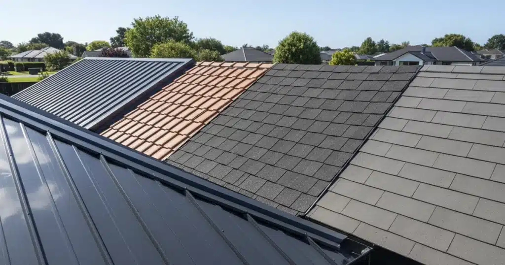Comparison of roofing materials including metal roofing, clay tiles, asphalt shingles, and composite roofing installed on residential homes