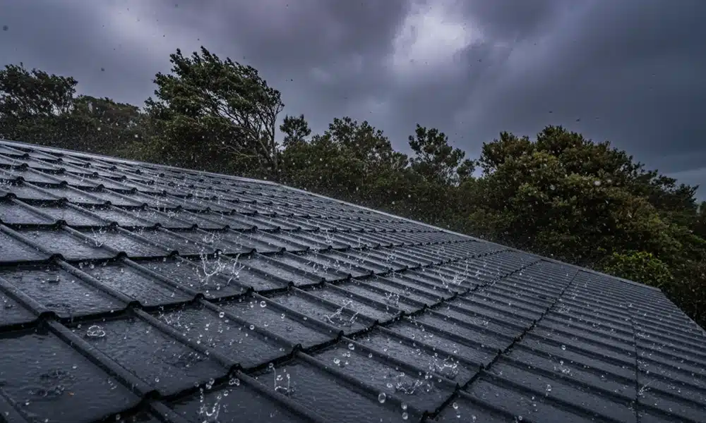 Durable roofing materials protecting a residential roof during heavy rain and stormy weather conditions