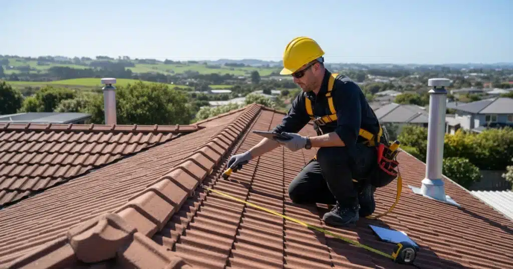 Roof replacement assessment by a professional roofer measuring roof tiles to plan an accurate and efficient installation timeline