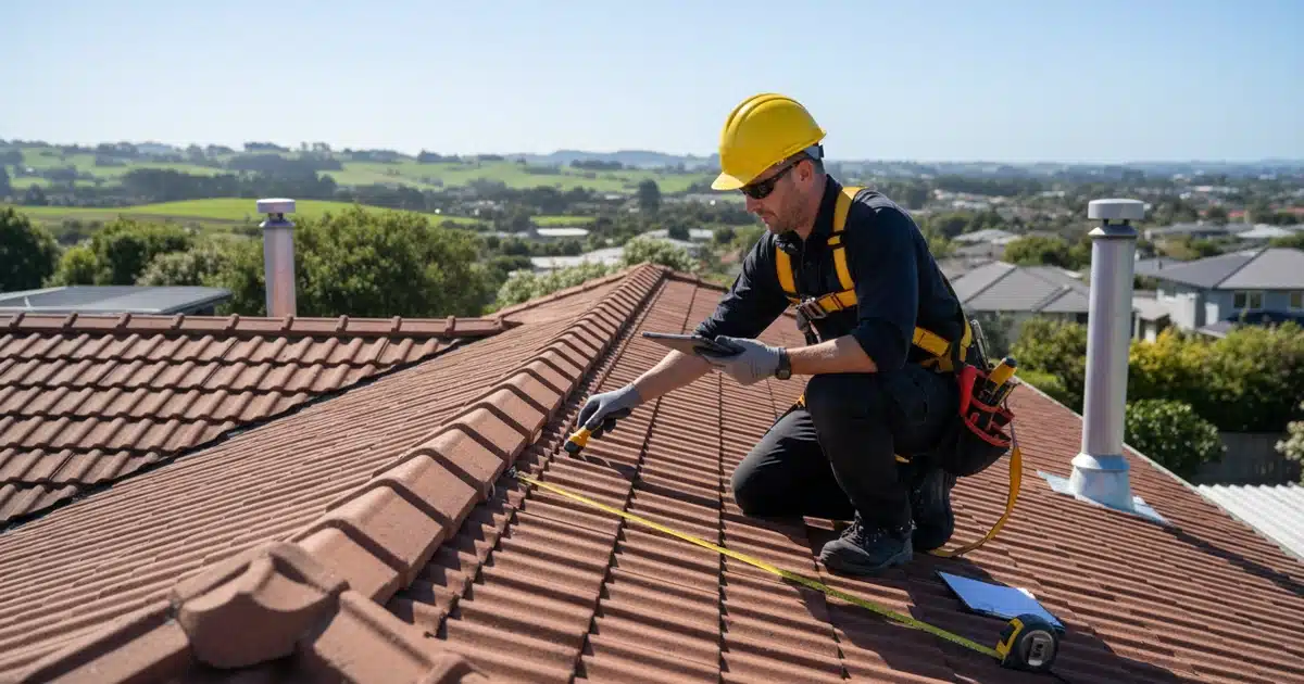 Roof replacement assessment by a professional roofer measuring roof tiles to plan an accurate and efficient installation timeline