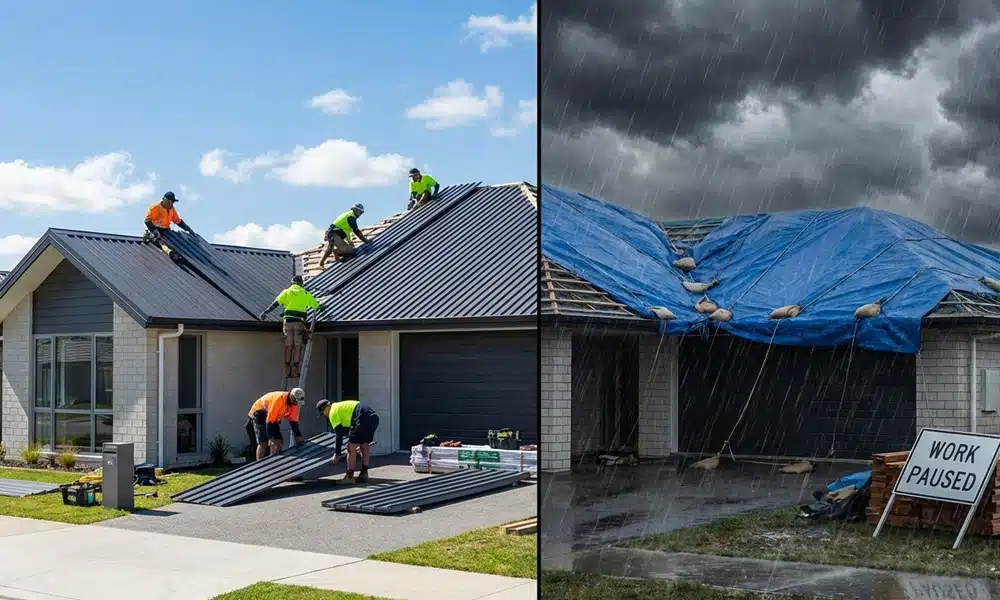 Roof replacement project showing installation work in good weather compared with delays caused by heavy rain and storm conditions