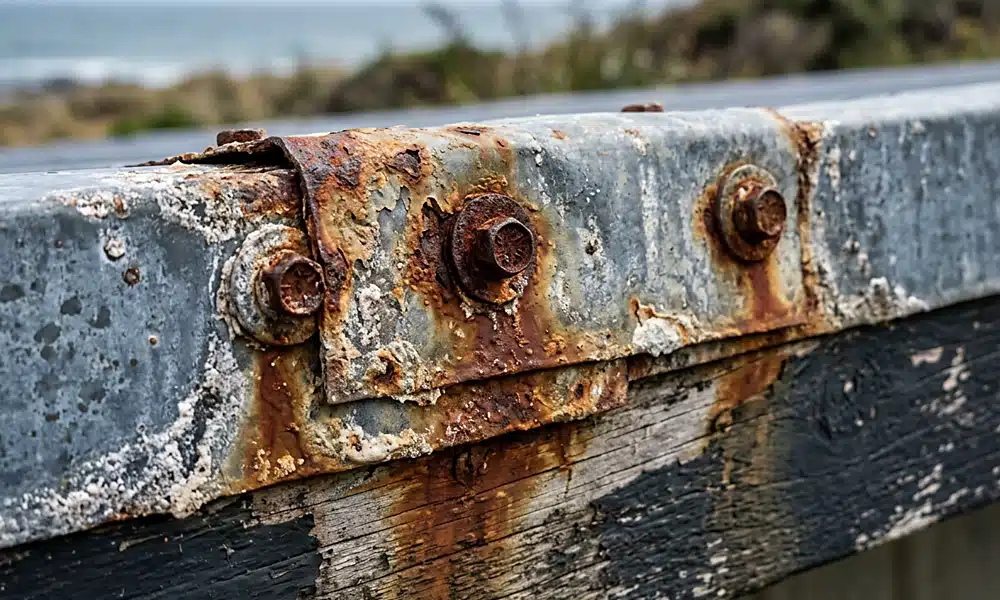 Coastal Roof Corrosion From Salt Air Exposure Rusted metal roof flashing and fixings damaged by salt air in a coastal area